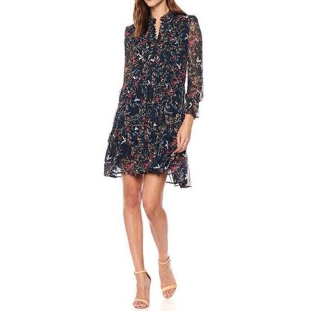 The Kooples Sheer Floral Bird Silk Tiered Ruffle Dress Whimsical Cottagecore